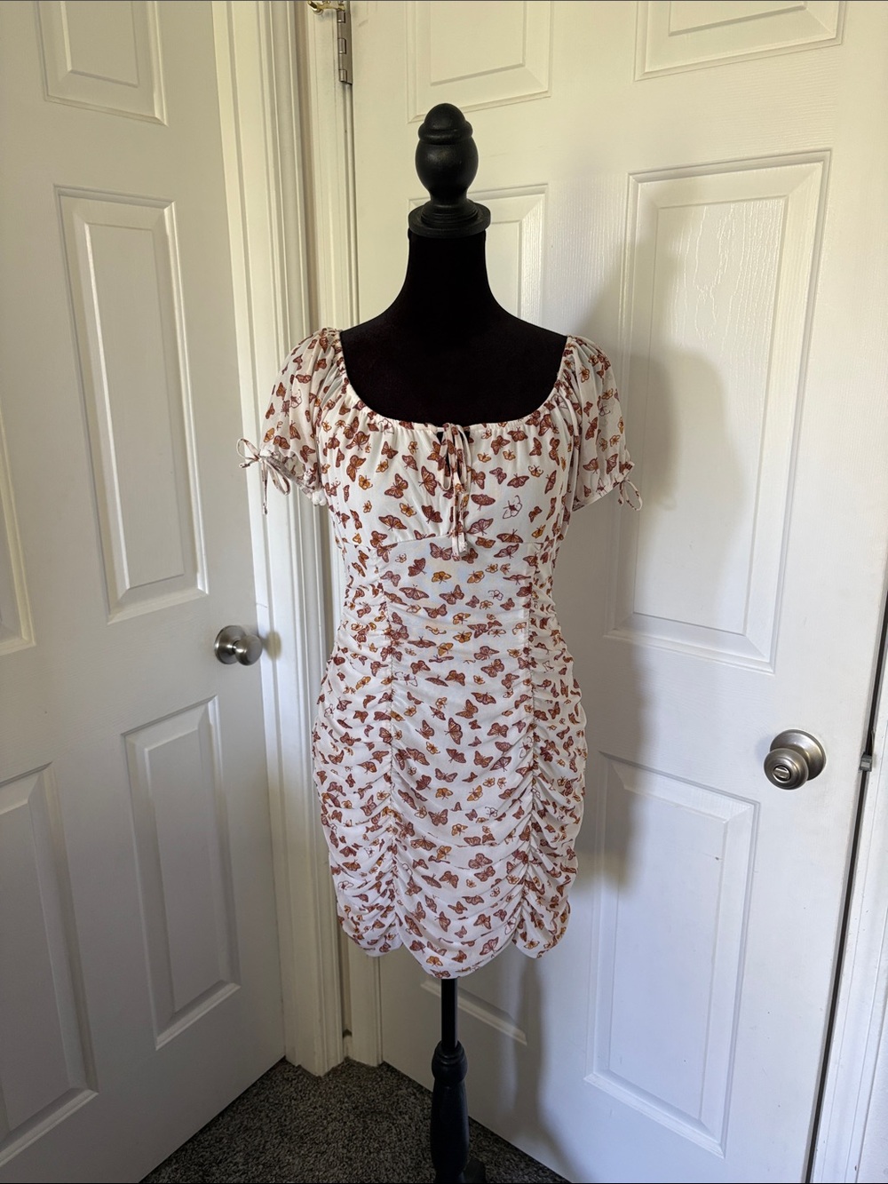 Ultra Flirt Y2k Inspired White Butterfly-Print Ruched Mini Dress